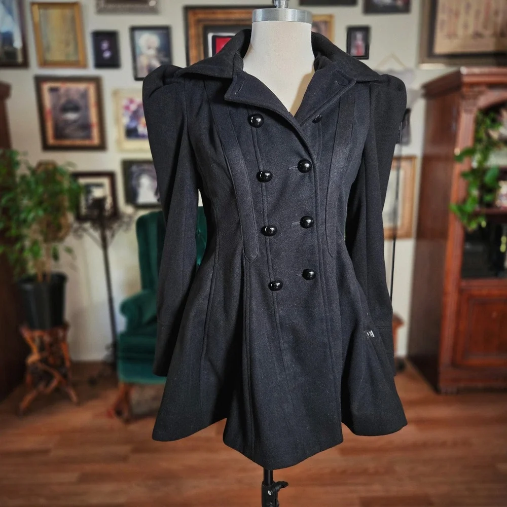 XOXO Women Black Double Breasted‎ Puff Sleeve Fit Flare Coat Size M